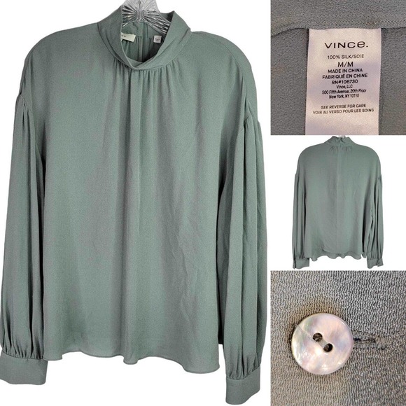 Vince Tops - Vince Womens Silk Blouse LS Top Teal Green High Neck Size Medium Top Shirt